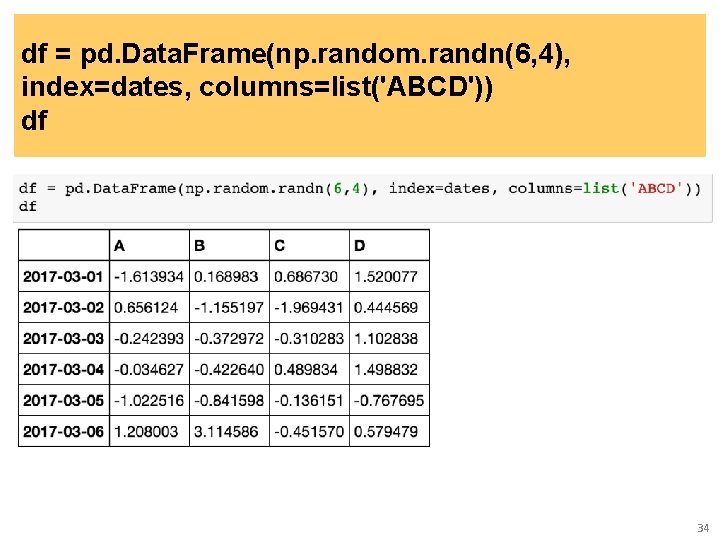 df = pd. Data. Frame(np. random. randn(6, 4), index=dates, columns=list('ABCD')) df 34 