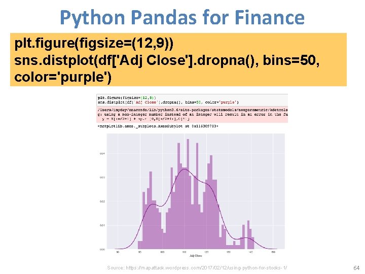 Python Pandas for Finance plt. figure(figsize=(12, 9)) sns. distplot(df['Adj Close']. dropna(), bins=50, color='purple') Source: