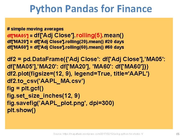 Python Pandas for Finance # simple moving averages df['MA 05'] = df['Adj Close']. rolling(5).
