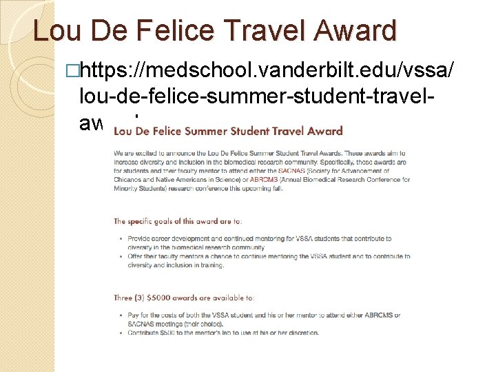 Lou De Felice Travel Award �https: //medschool. vanderbilt. edu/vssa/ lou-de-felice-summer-student-travelaward 