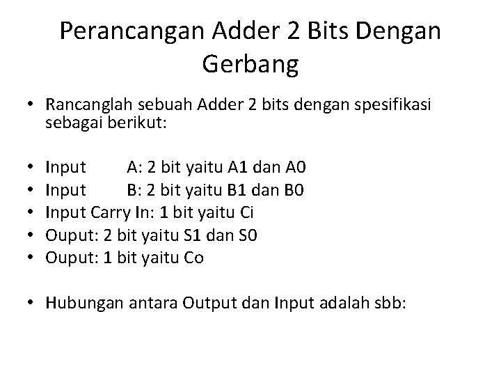 Perancangan Adder 2 Bits Dengan Gerbang • Rancanglah sebuah Adder 2 bits dengan spesifikasi