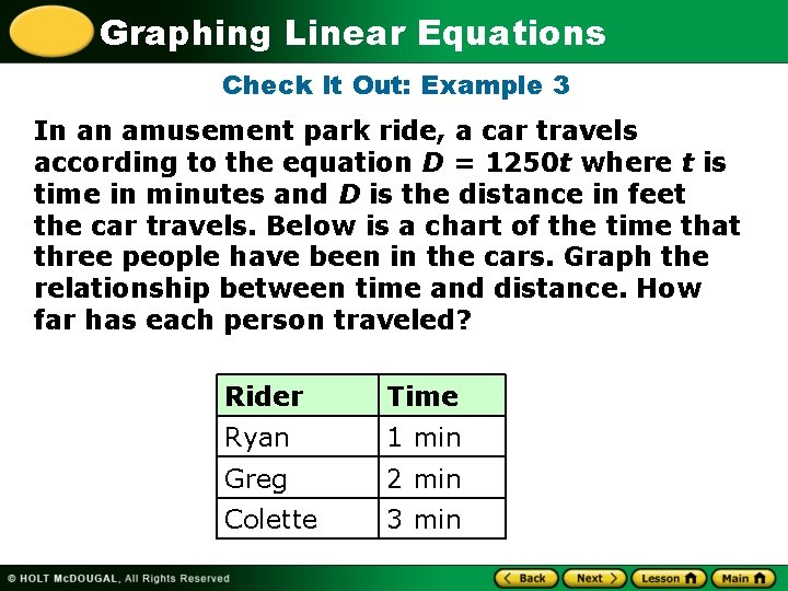 Graphing Linear Equations Check It Out: Example 3 In an amusement park ride, a