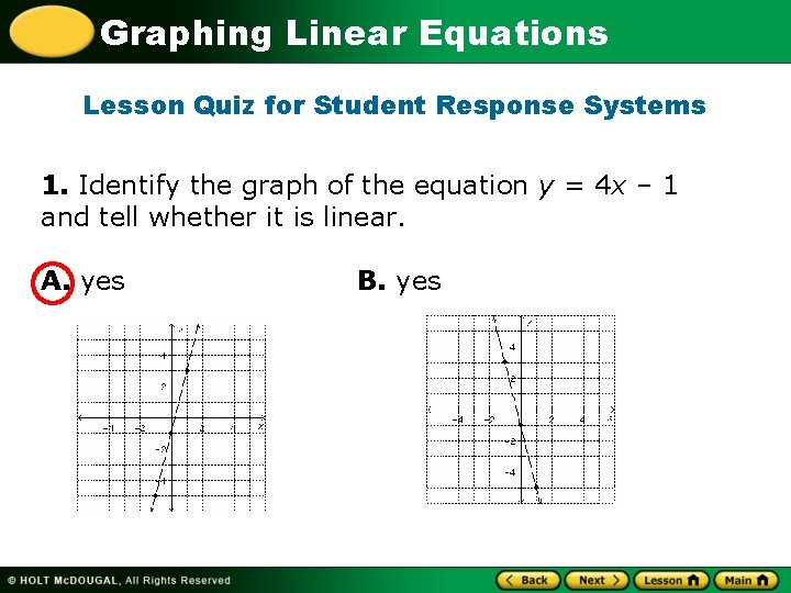 Graphing Linear Equations Lesson Quiz for Student Response Systems 1. Identify the graph of