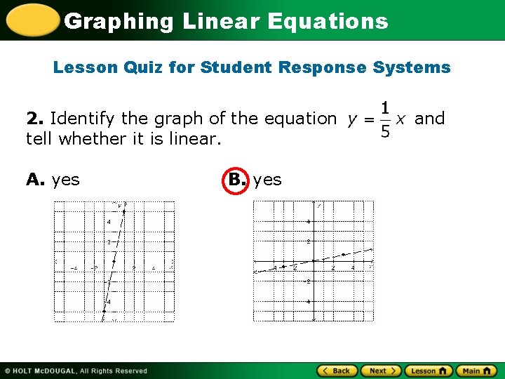 Graphing Linear Equations Lesson Quiz for Student Response Systems 2. Identify the graph of