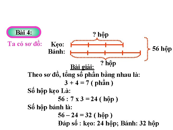 Bài 4: Ta có sơ đồ: ? hộp Kẹo: Bánh: 56 hộp ? hộp