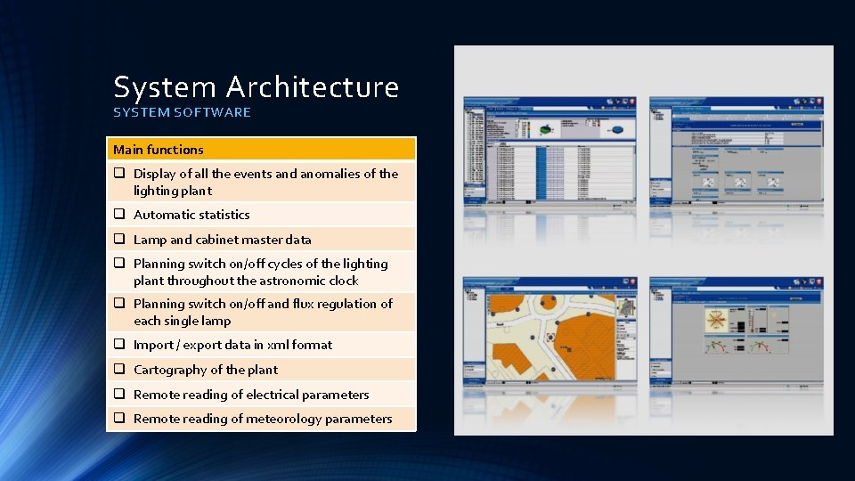 System Architecture SYSTEM SOFTWARE Main functions q Display of all the events and anomalies System Architecture SYSTEM SOFTWARE Main functions q Display of all the events and anomalies