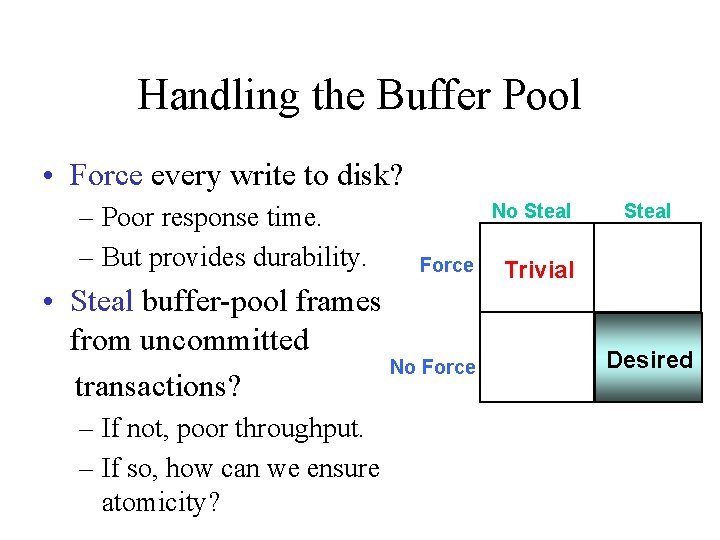 Handling the Buffer Pool • Force every write to disk? – Poor response time.