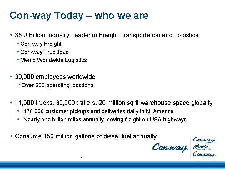 Con-way Today – who we are • $5. 0 Billion Industry Leader in Freight