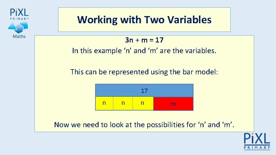 Working with Two Variables 3 n + m = 17 In this example ‘n’