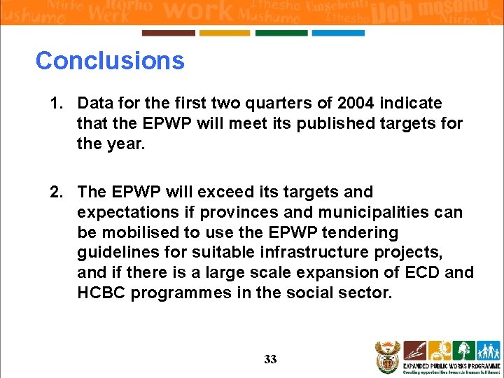 Conclusions 1. Data for the first two quarters of 2004 indicate that the EPWP