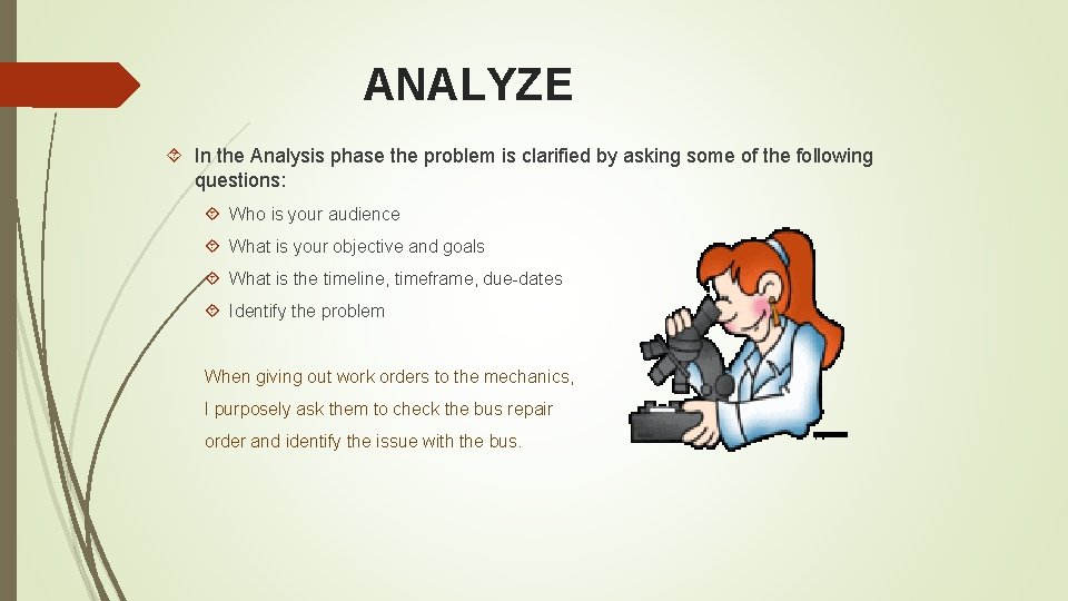 ANALYZE In the Analysis phase the problem is clarified by asking some of the