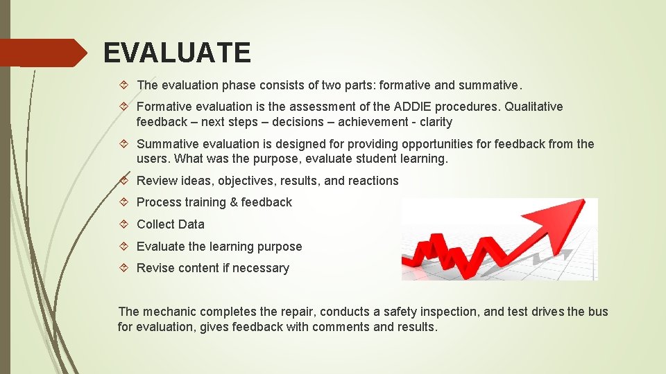 EVALUATE The evaluation phase consists of two parts: formative and summative. Formative evaluation is