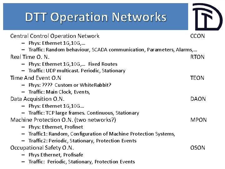 DTT Operation Networks Central Control Operation Network CCON Real Time O. N. RTON Time