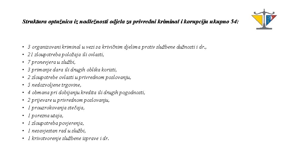 Struktura optužnica iz nadležnosti odjela za privredni kriminal i korupciju ukupno 54: • •