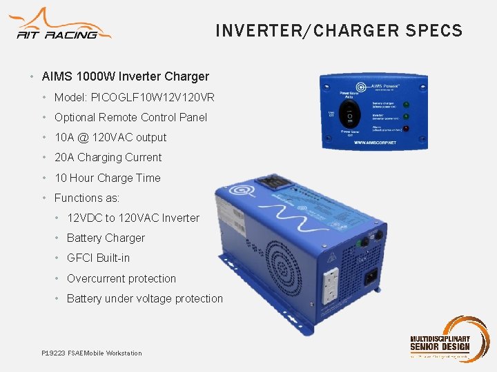 INVERTER/CHARGER SPECS • AIMS 1000 W Inverter Charger • Model: PICOGLF 10 W 12 INVERTER/CHARGER SPECS • AIMS 1000 W Inverter Charger • Model: PICOGLF 10 W 12