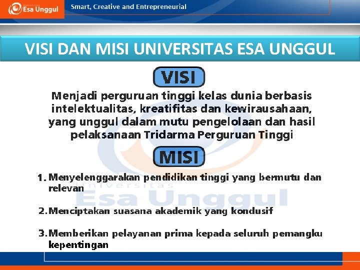 VISI DAN MISI UNIVERSITAS ESA UNGGUL VISI DAN MISI UNIVERSITAS ESA UNGGUL