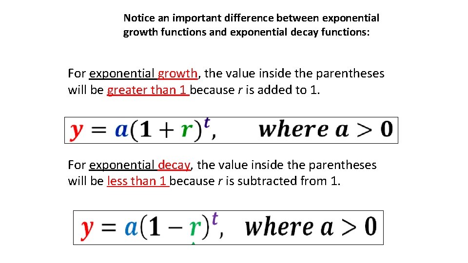 Notice an important difference between exponential growth functions and exponential decay functions: For exponential