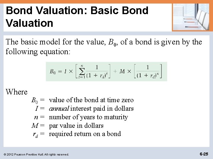 Bond Valuation: Basic Bond Valuation The basic model for the value, B 0, of