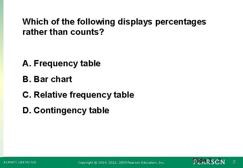 Which of the following displays percentages rather than counts? A. Frequency table B. Bar