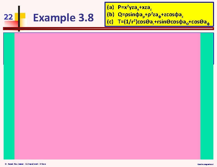 22 Example 3. 8 (a) P=x 2 yzax+xzaz (b) Q=ρsinφaρ+ρ2 zaφ+zcosφaz (c) T=(1/r 2)cosϴar+rsinϴcosφaϴ+cosϴaφ