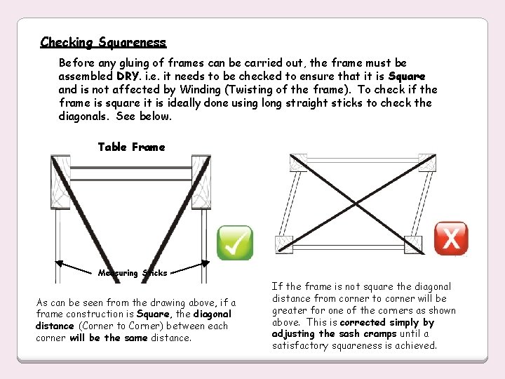 Checking Squareness Before any gluing of frames can be carried out, the frame must