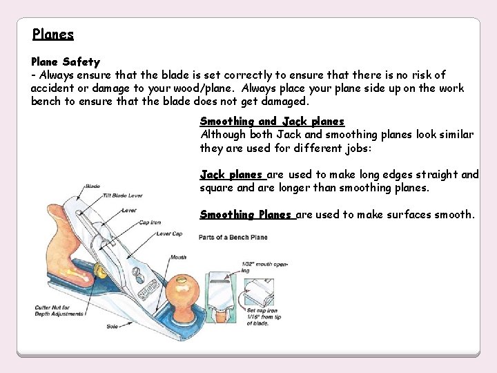 Planes Plane Safety - Always ensure that the blade is set correctly to ensure