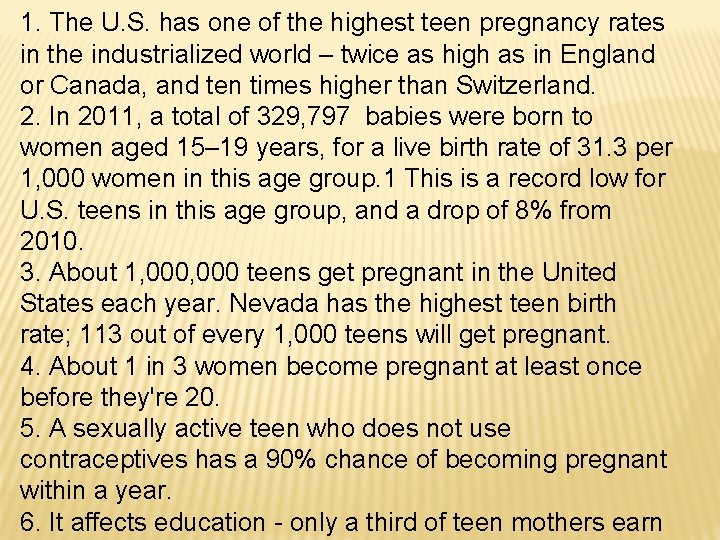 1. The U. S. has one of the highest teen pregnancy rates in the