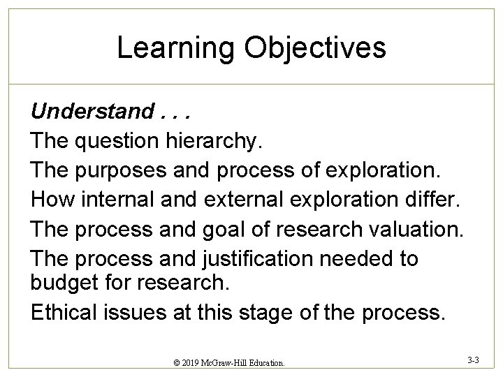 Learning Objectives Understand. . . The question hierarchy. The purposes and process of exploration.