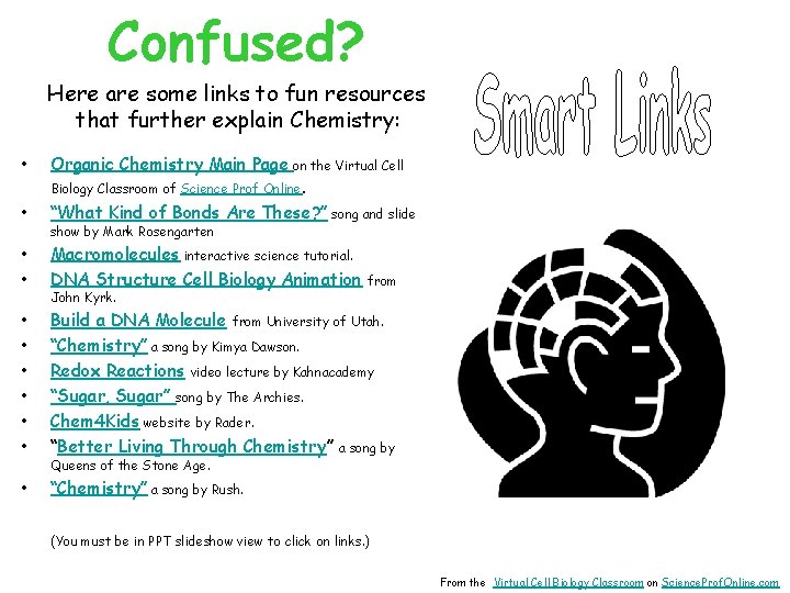 Confused? Here are some links to fun resources that further explain Chemistry: • Organic