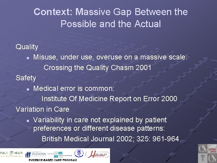 Context: Massive Gap Between the Possible and the Actual Quality n Misuse, under use,