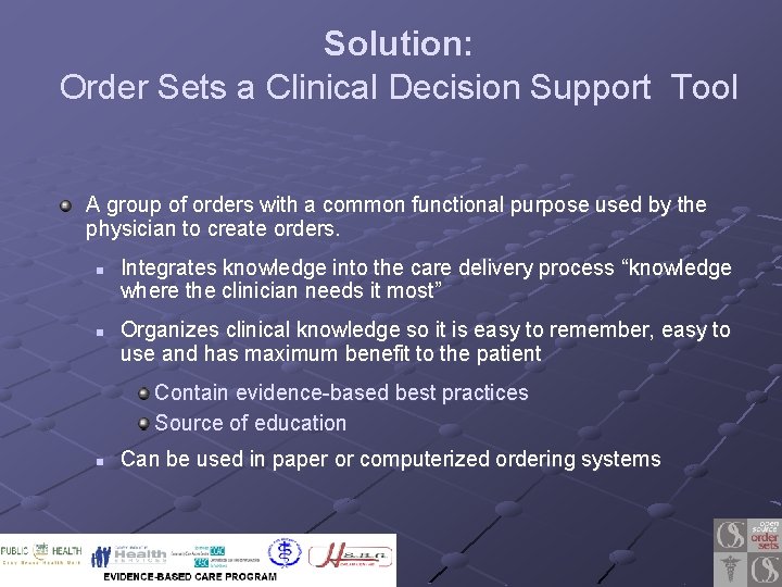 Solution: Order Sets a Clinical Decision Support Tool A group of orders with a