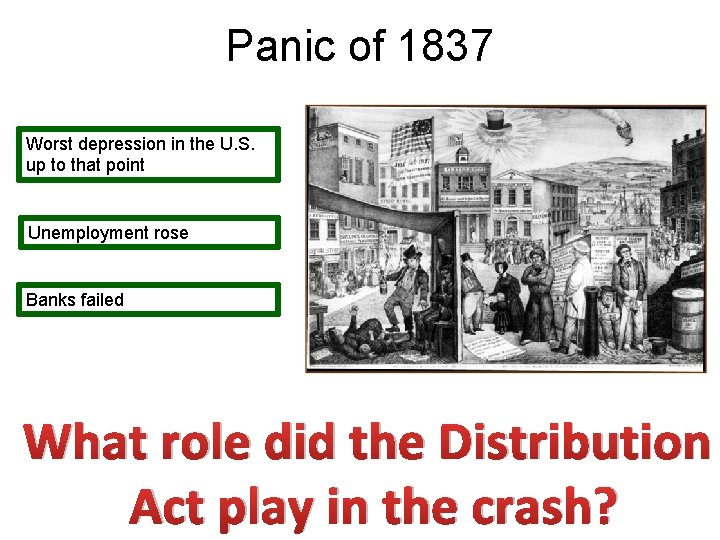 Panic of 1837 Worst depression in the U. S. up to that point Unemployment