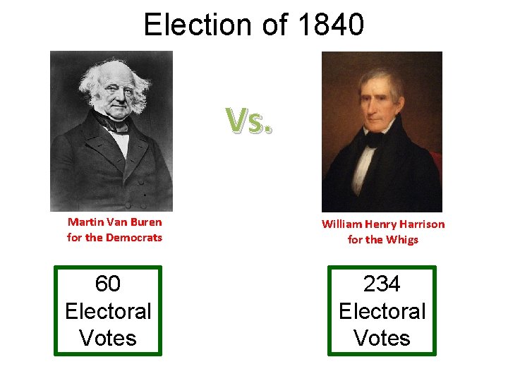 Election of 1840 Vs. Martin Van Buren for the Democrats 60 Electoral Votes William