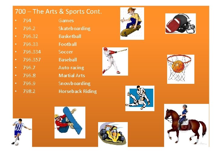 700 – The Arts & Sports Cont. • • • 794 796. 2 796.