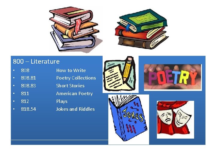 800 – Literature • • • 808. 81 808. 83 811 812 818. 54