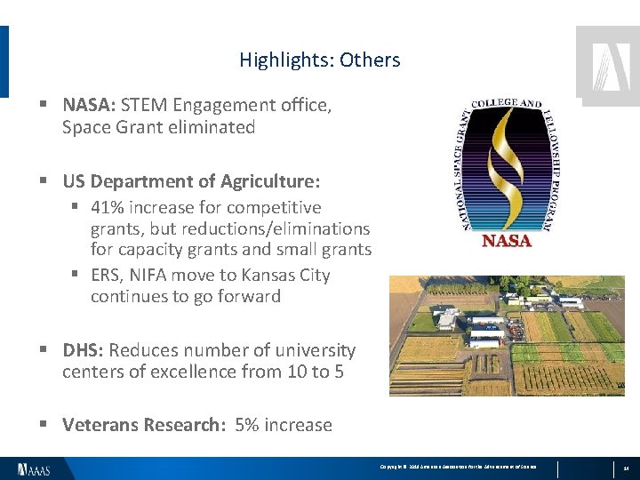Highlights: Others § NASA: STEM Engagement office, Space Grant eliminated § US Department of