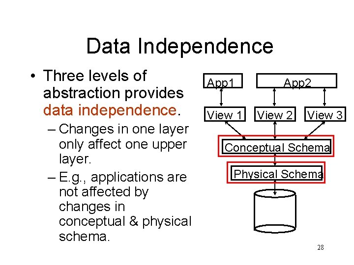 Data Independence • Three levels of abstraction provides data independence. – Changes in one