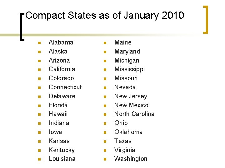 Compact States as of January 2010 n n n n Alabama Alaska Arizona California