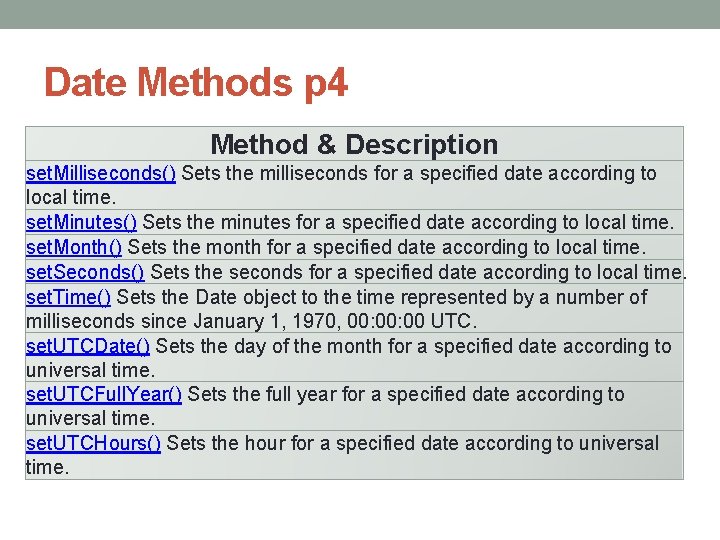 Date Methods p 4 Method & Description set. Milliseconds() Sets the milliseconds for a