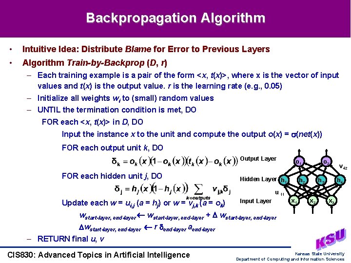 Backpropagation Algorithm • Intuitive Idea: Distribute Blame for Error to Previous Layers • Algorithm