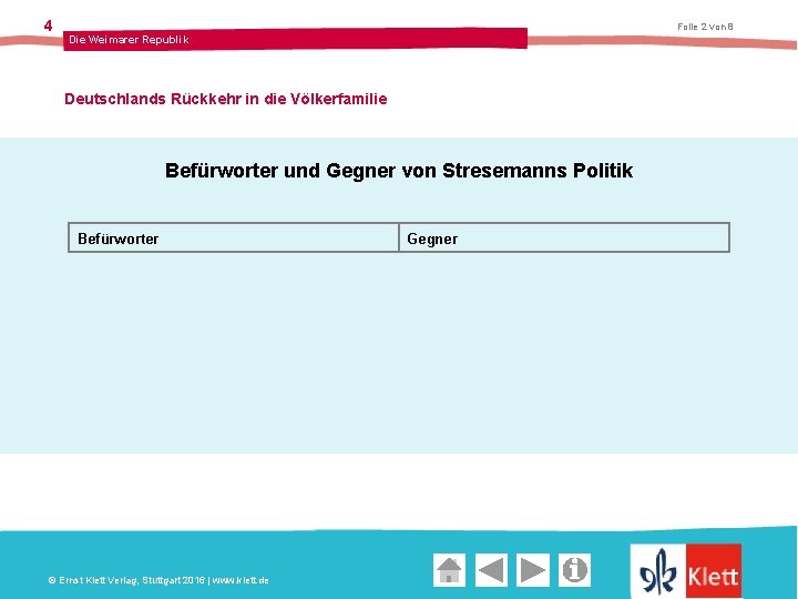 4 Folie 2 von 8 Die Weimarer Republik Deutschlands Rückkehr in die Völkerfamilie Befürworter