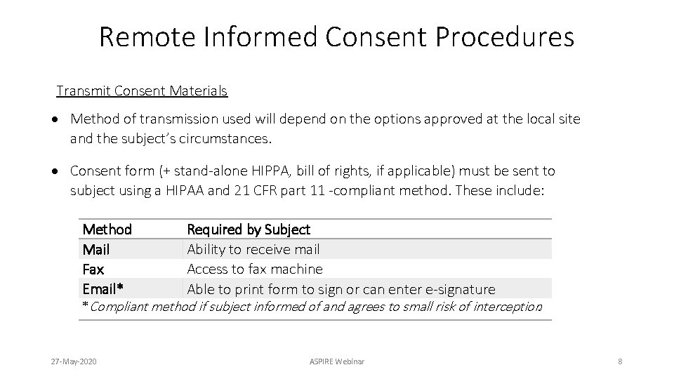 Remote Informed Consent Procedures Transmit Consent Materials Method of transmission used will depend on