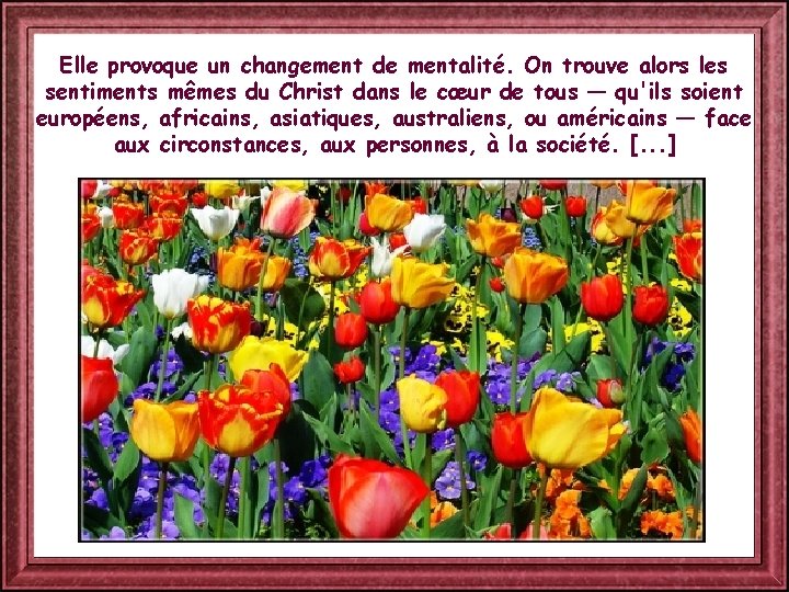 Elle provoque un changement de mentalité. On trouve alors les sentiments mêmes du Christ
