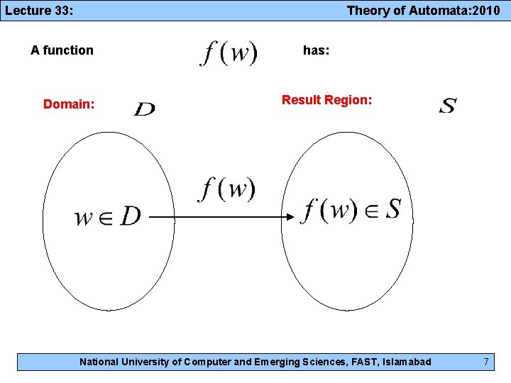 Lecture 33: Theory of Automata: 2010 A function Domain: has: Result Region: National University