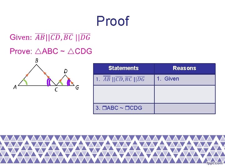 Proof Statements Reasons 1. Given 2. A ≅ DCG BCA ≅ DGC 2. Corresponding