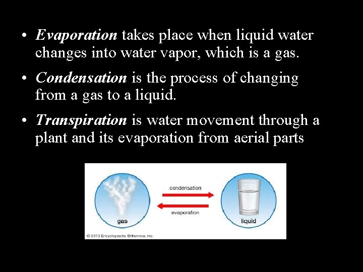  • Evaporation takes place when liquid water changes into water vapor, which is