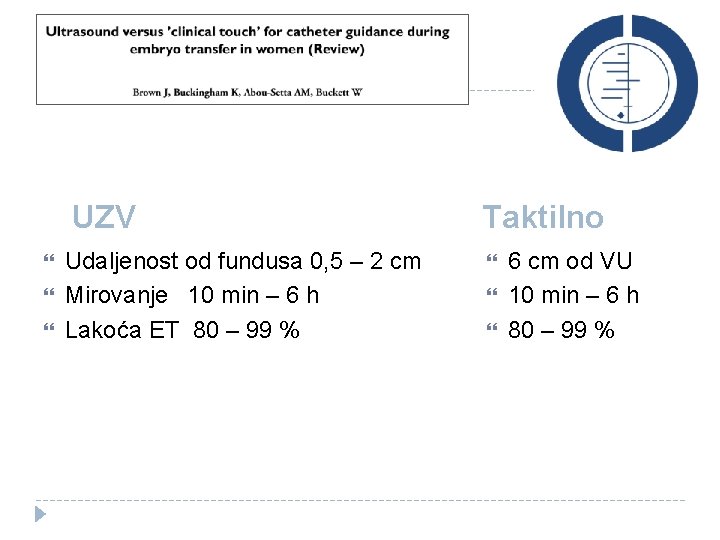 UZV Udaljenost od fundusa 0, 5 – 2 cm Mirovanje 10 min – 6