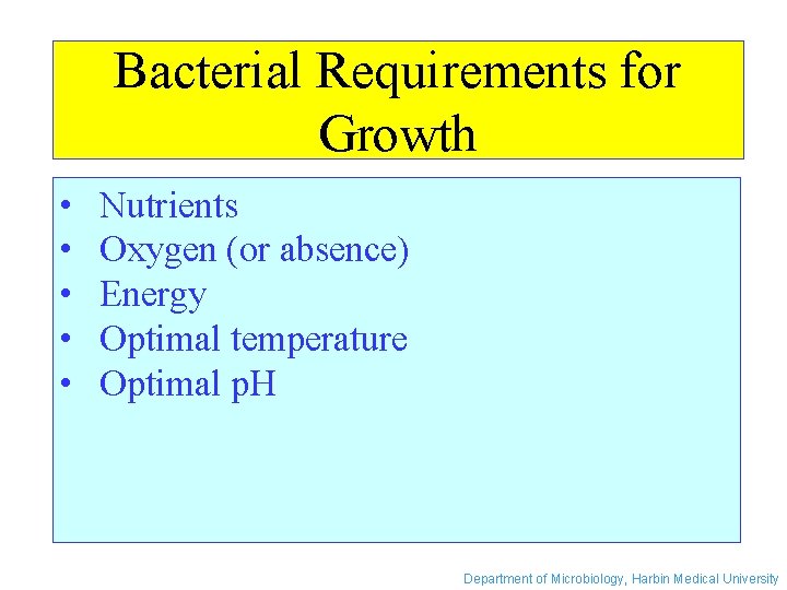 Bacterial Requirements for Growth • • • Nutrients Oxygen (or absence) Energy Optimal temperature