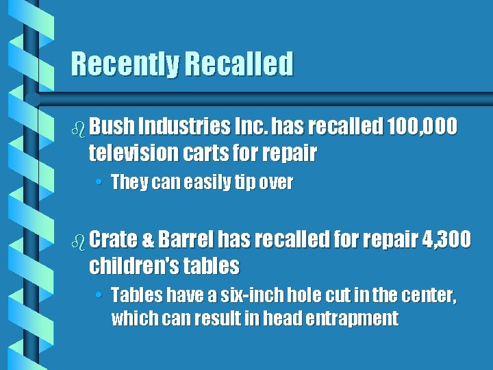 Recently Recalled b Bush Industries Inc. has recalled 100, 000 television carts for repair