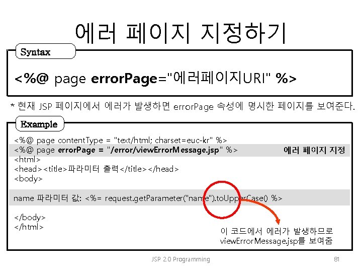 Syntax 에러 페이지 지정하기 <%@ page error. Page="에러페이지URI" %> * 현재 JSP 페이지에서 에러가